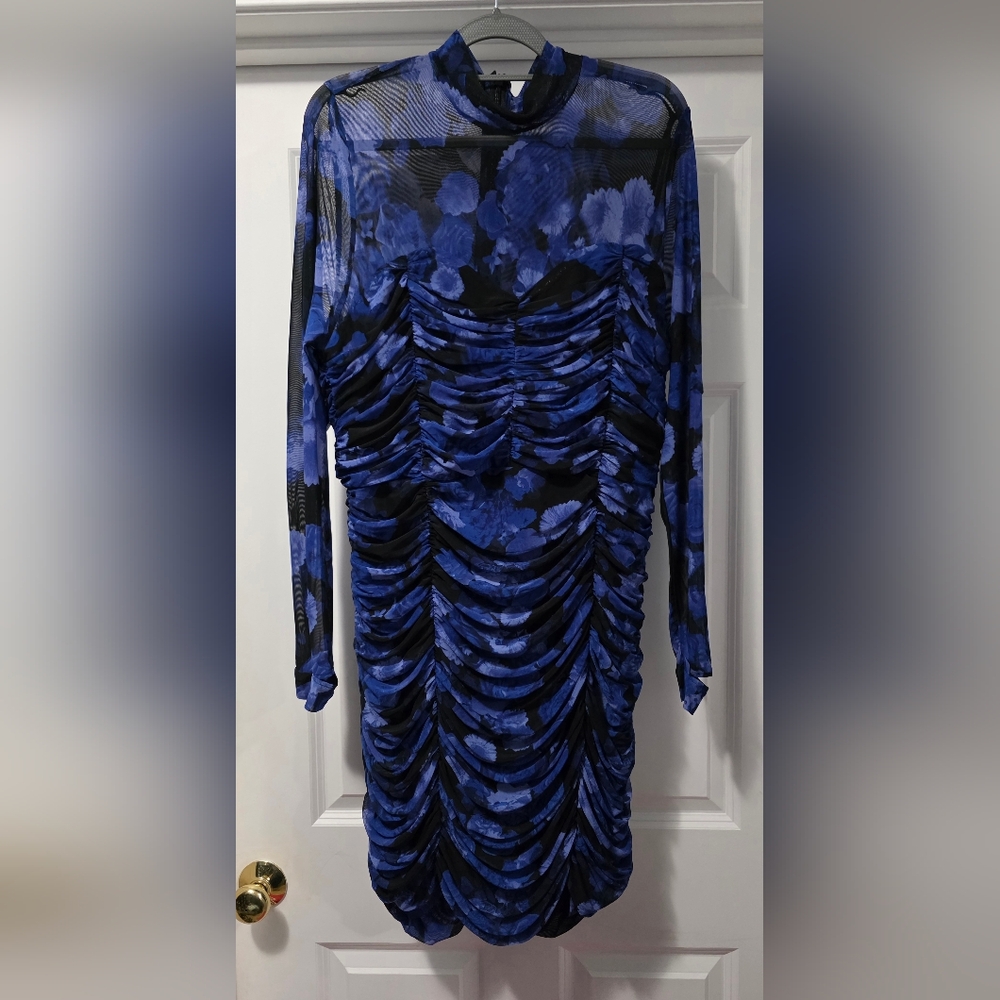 City Chic Black and Blue Sheer Ruched Mini Dress